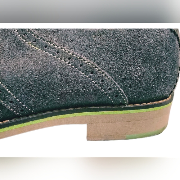Johnston & Murphy Wingtip Oxford Gray 10M Sheepskin Suede Dress Shoes Green Trim - Picture 3 of 4